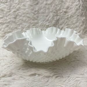 Fenton Milk Glass Bowl Hobnail Ruffled Edges Size Large‎ - Vintage